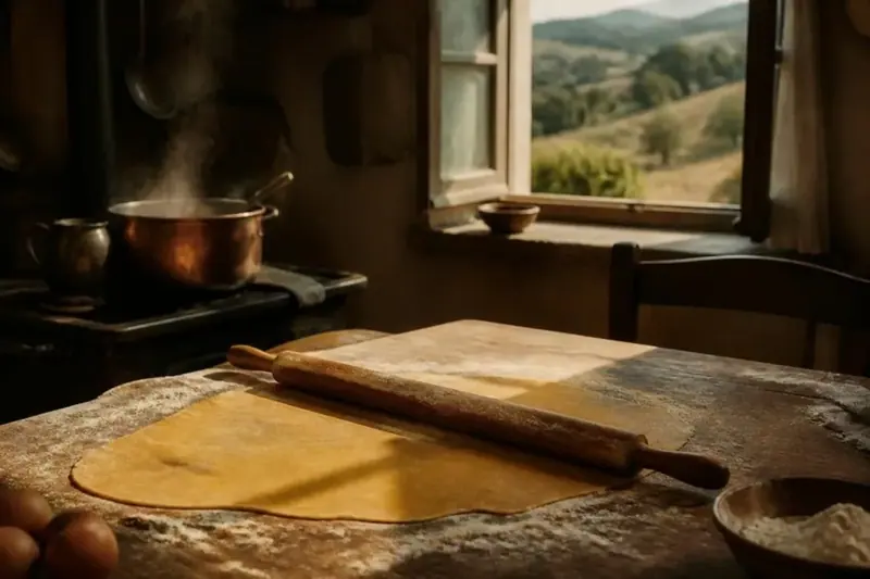 Una cucina di campagna: la sfoglia sul tavolo infarinato, il mattarello, il ragù sul fuoco e i colli dalla finestra