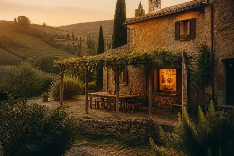 Una locanda di famiglia sui colli bolognesi al tramonto, col pergolato e la tavola apparecchiata